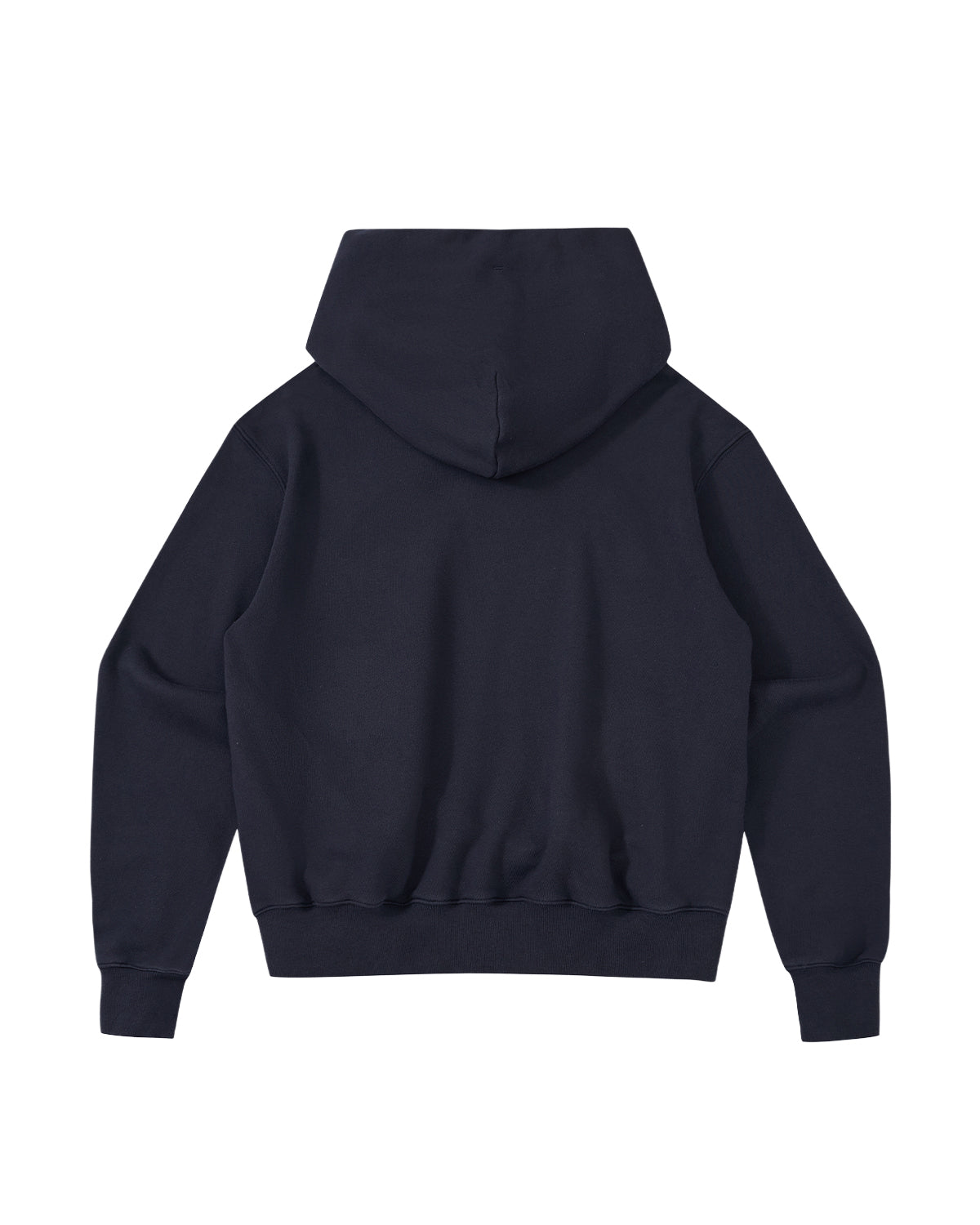 The Sundae School NAVY KNIT TIE HOODIE is a heavyweight unisex hoodie displayed from the back, featuring a hood, long sleeves, and ribbed cuffs and waistband. Made from soft brushed cotton for enhanced comfort, this hoodie is laid flat against a white background.