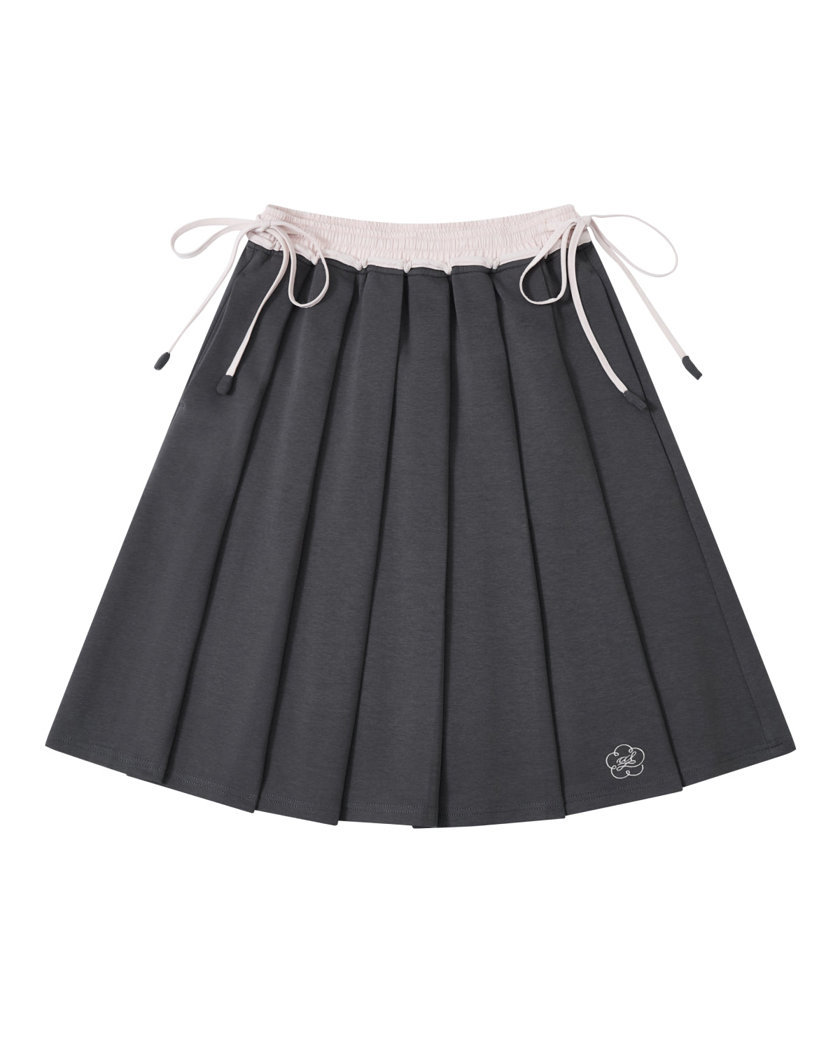 The CHARCOAL KONA MIDI SKIRT by Sundae School is a dark gray pleated skirt featuring a light pink drawstring waistband and a small embroidered bear face near the hem.