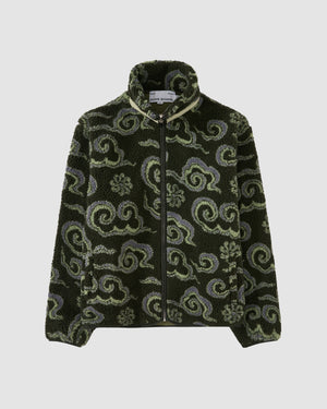 Dark green Kloud Fleece Zip-Up jacket with purple and sage green swirl patterns throughout, featuring a high collar and cream trim around the neckline.