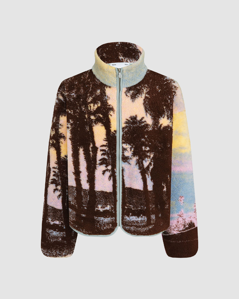 Sundae School Venice B*tch fleece jacket featuring pointillism artwork of palm tree silhouettes against sunset gradient background, triple-lined fleece construction with sherpa exterior, zip closure with custom logo pull, relaxed fit silhouette, flat lay product shot on light background.