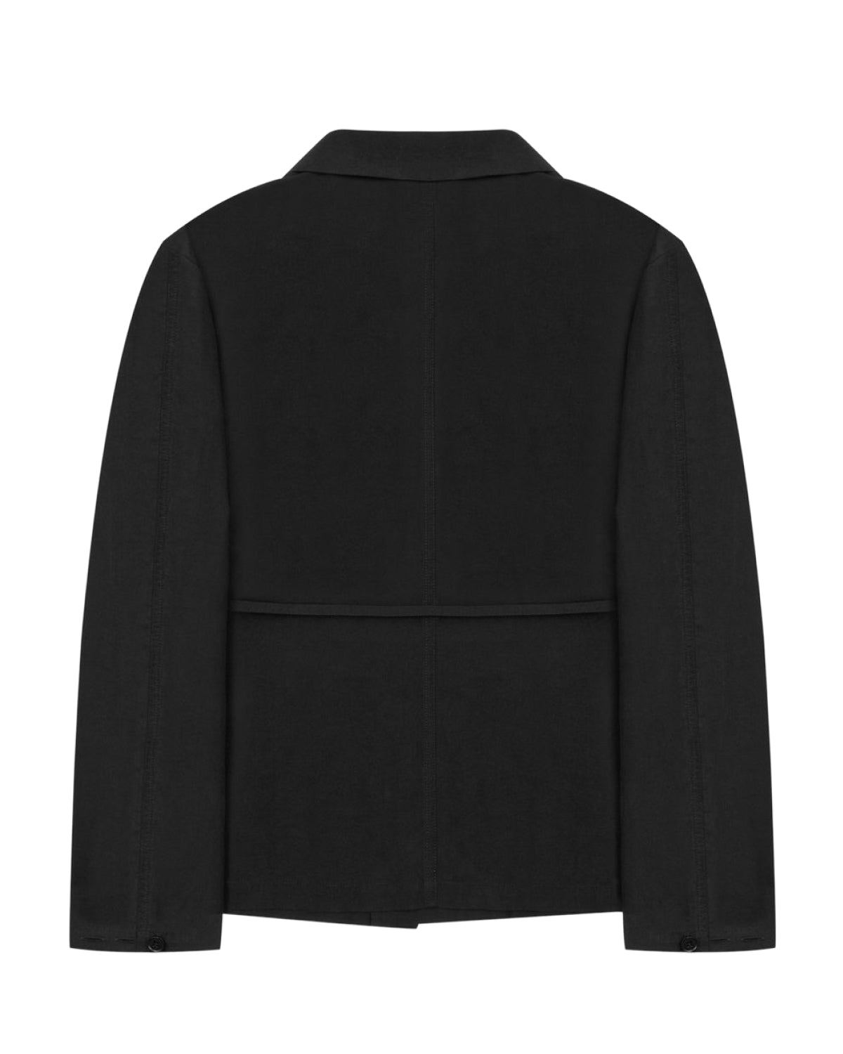 Back view of the BLACK LINEN GORUM BLAZER by Sundae School, featuring a plain black unstructured design with a straight hem, a central seam across the middle, a collar, and long sleeves. This blazer offers a simple, classic look without visible embellishments or logos.