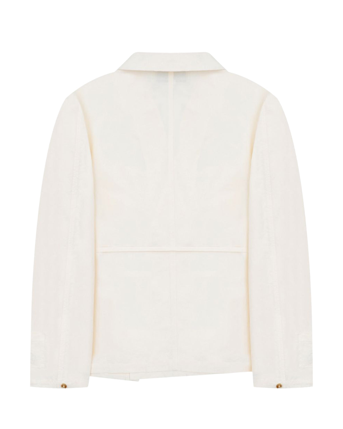 A back view of the Sundae School IVORY LINEN GORUM BLAZER, a long-sleeve, off-white unstructured piece featuring a collar, visible seams, and button details on the cuffs, displayed against a plain white background.