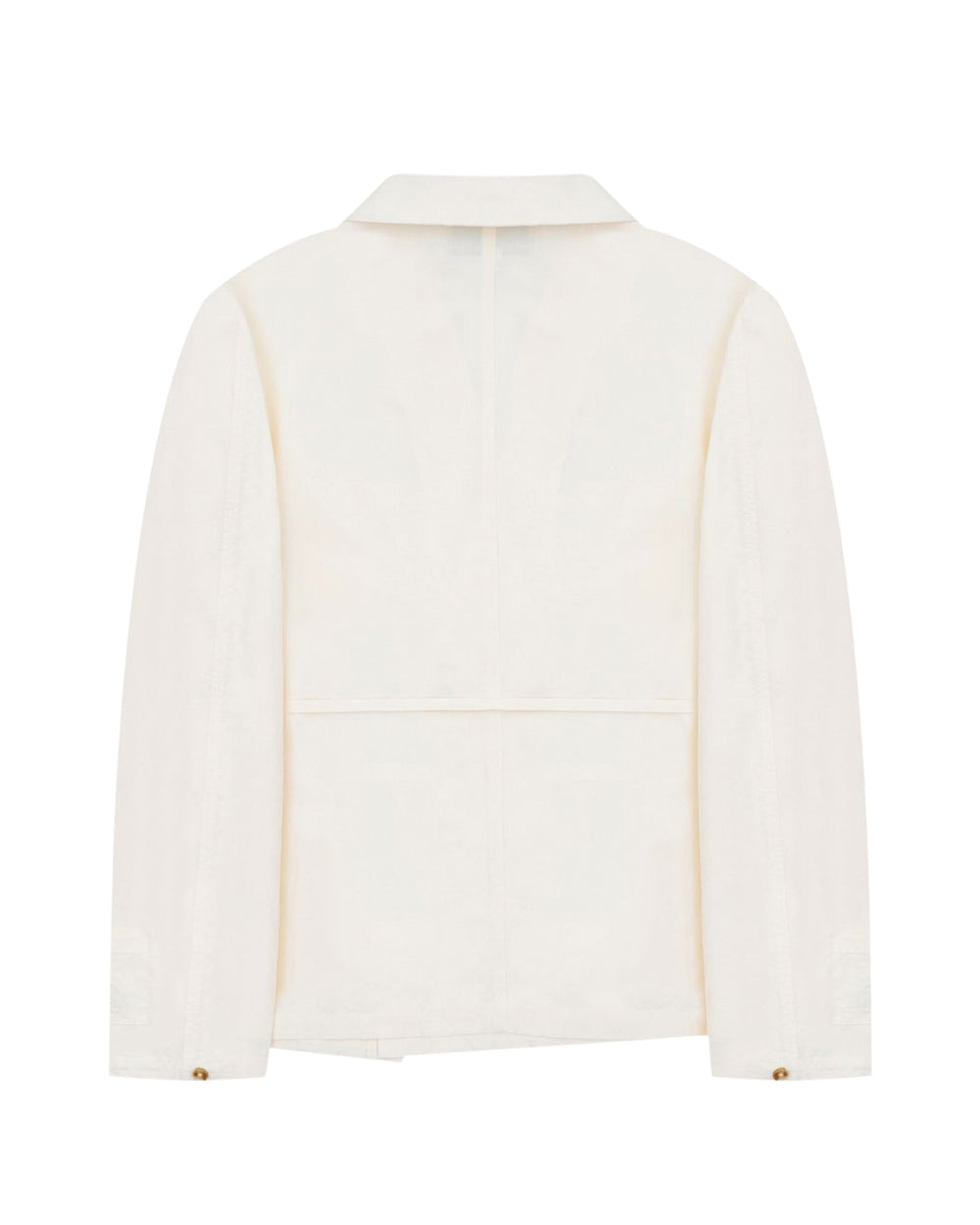 A back view of the Sundae School IVORY LINEN GORUM BLAZER, a long-sleeve, off-white unstructured piece featuring a collar, visible seams, and button details on the cuffs, displayed against a plain white background.
