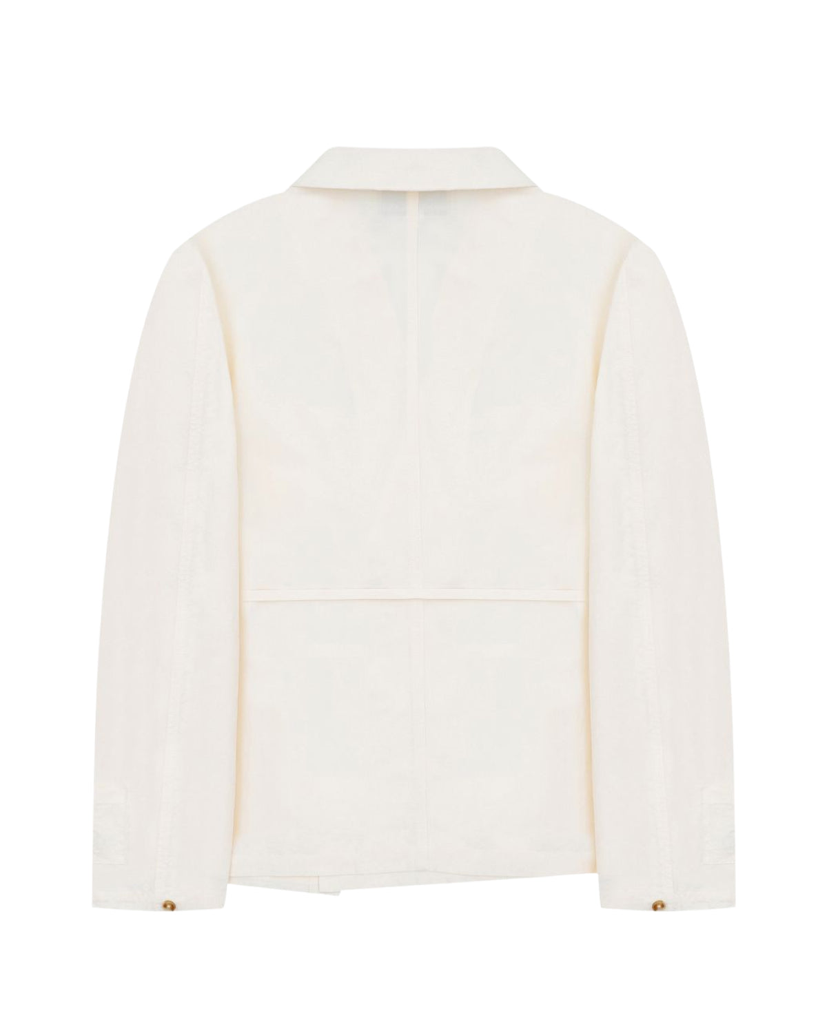 A back view of the Sundae School IVORY LINEN GORUM BLAZER, a long-sleeve, off-white unstructured piece featuring a collar, visible seams, and button details on the cuffs, displayed against a plain white background.