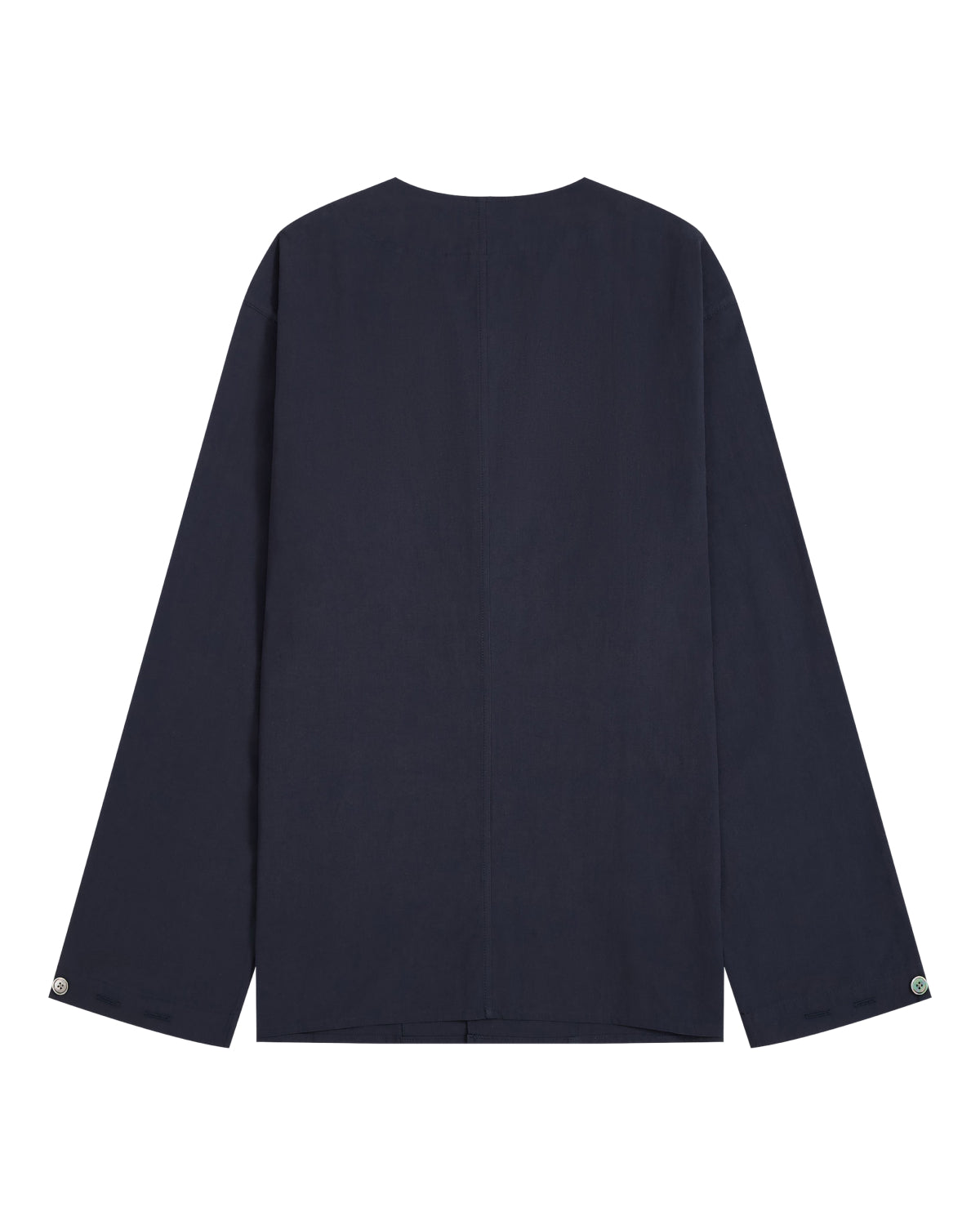 The MAEHWA COLLARLESS SHIRT by Sundae School is a long-sleeve, dark navy linen shirt shown from the back, featuring a simple, minimalist design with no visible patterns, logos, or embellishments. This unisex mid-layer offers understated elegance and versatile style for any wardrobe.