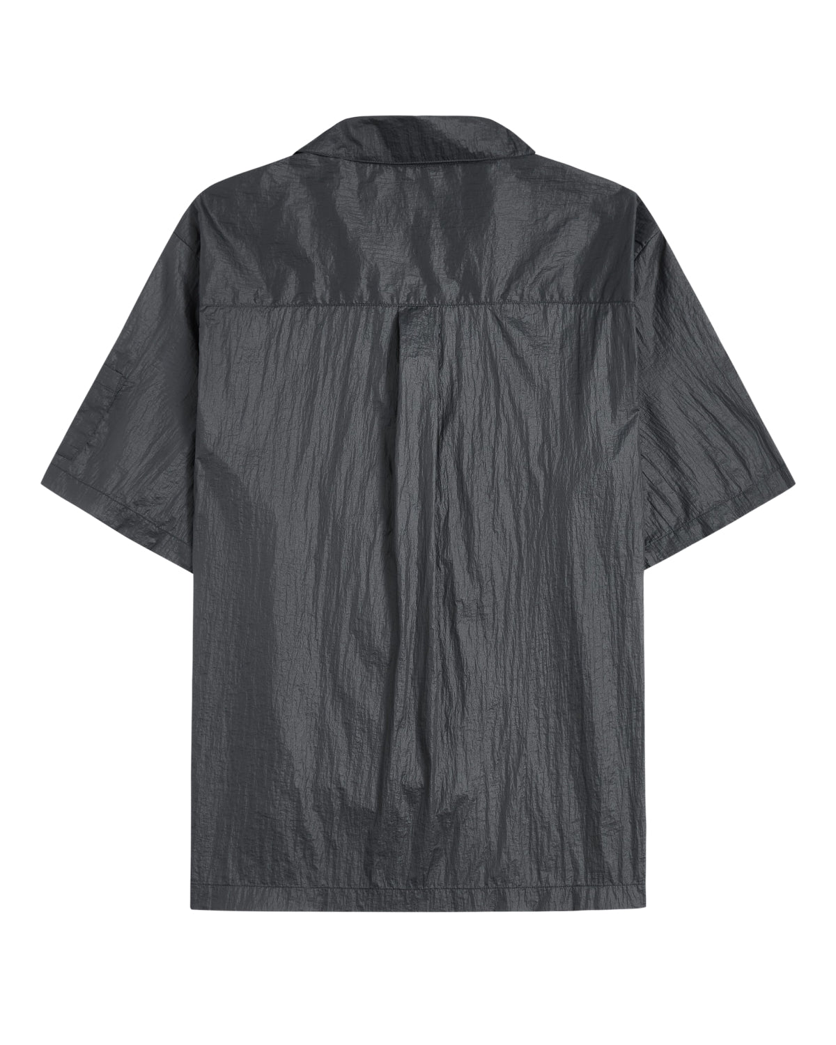 The MAEHWA EMBROIDERED SHEER SHIRT by Sundae School is a dark gray unisex shirt designed for going out, featuring short sleeves, a collared neckline, and a boxy fit. Made from lightweight, crinkled fabric, it is shown from the back and detailed with a center pleat.