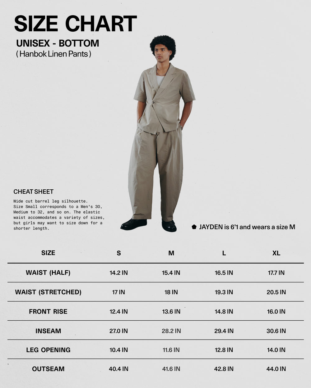 A person in Sundae School's WHEAT HANBOK LINEN PANTS and matching shirt stands before a size chart for unisex pants (S–XL), noting Jayden is 6'1" and wears M. The tan cotton-linen pants have an adjustable waist.