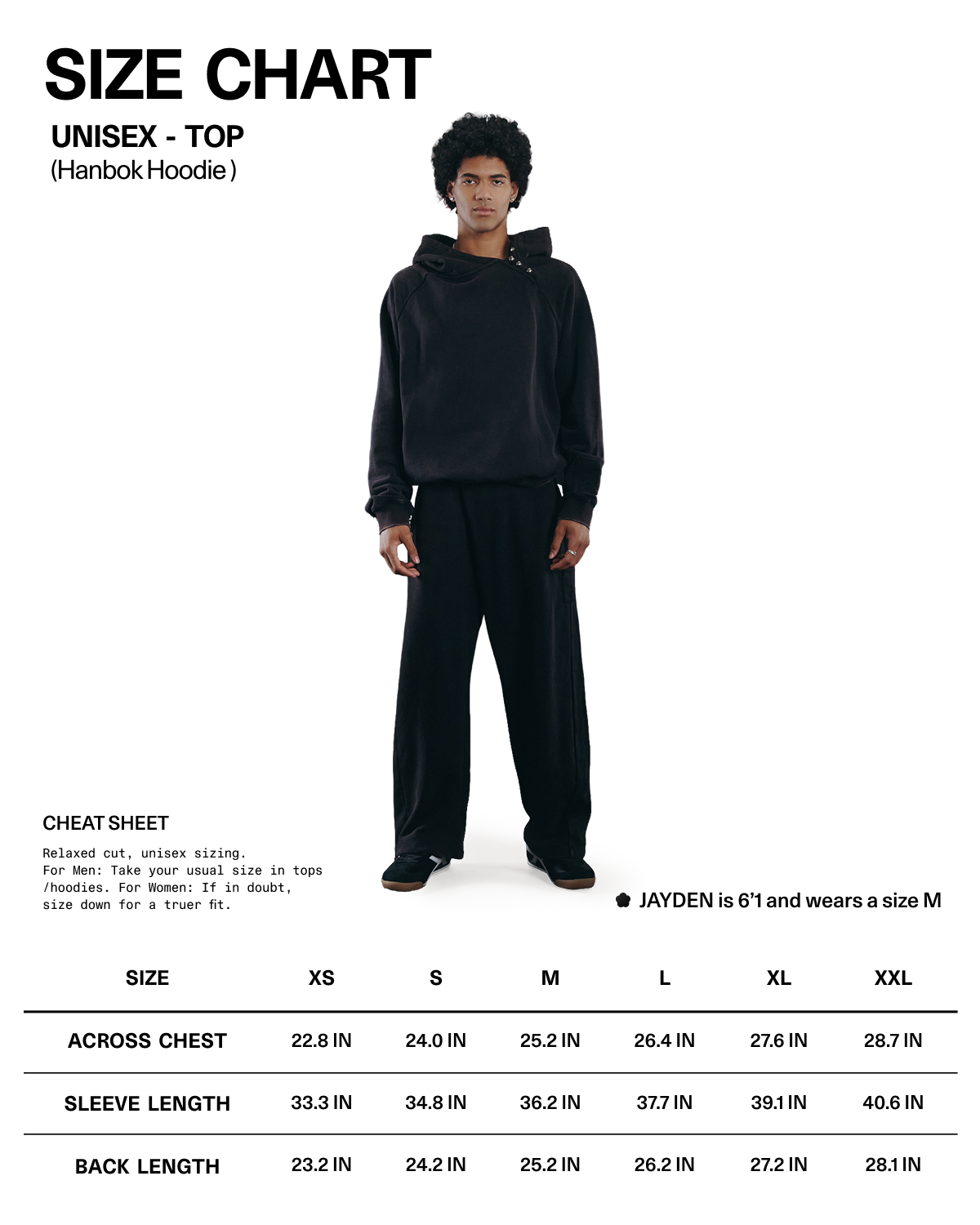 A person stands wearing the BLACK WASH HANBOK HOODIE and matching pants from Sundae School. A size chart for this unisex cotton sweatshirt with an oversized hood displays measurements—from XS to XXL—for across chest, sleeve length, and back length. The person is 6'1