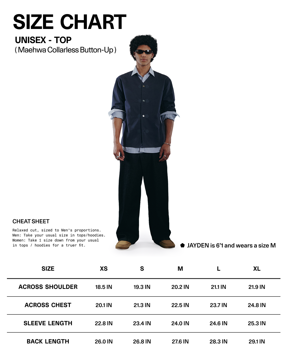 A person is shown wearing the Sundae School MAEHWA COLLARLESS SHIRT in a dark color, which features subtle Maehwa embroidery and paired with black pants. They stand above a size chart displaying measurements for sizes XS to XXL. The model is 6'1