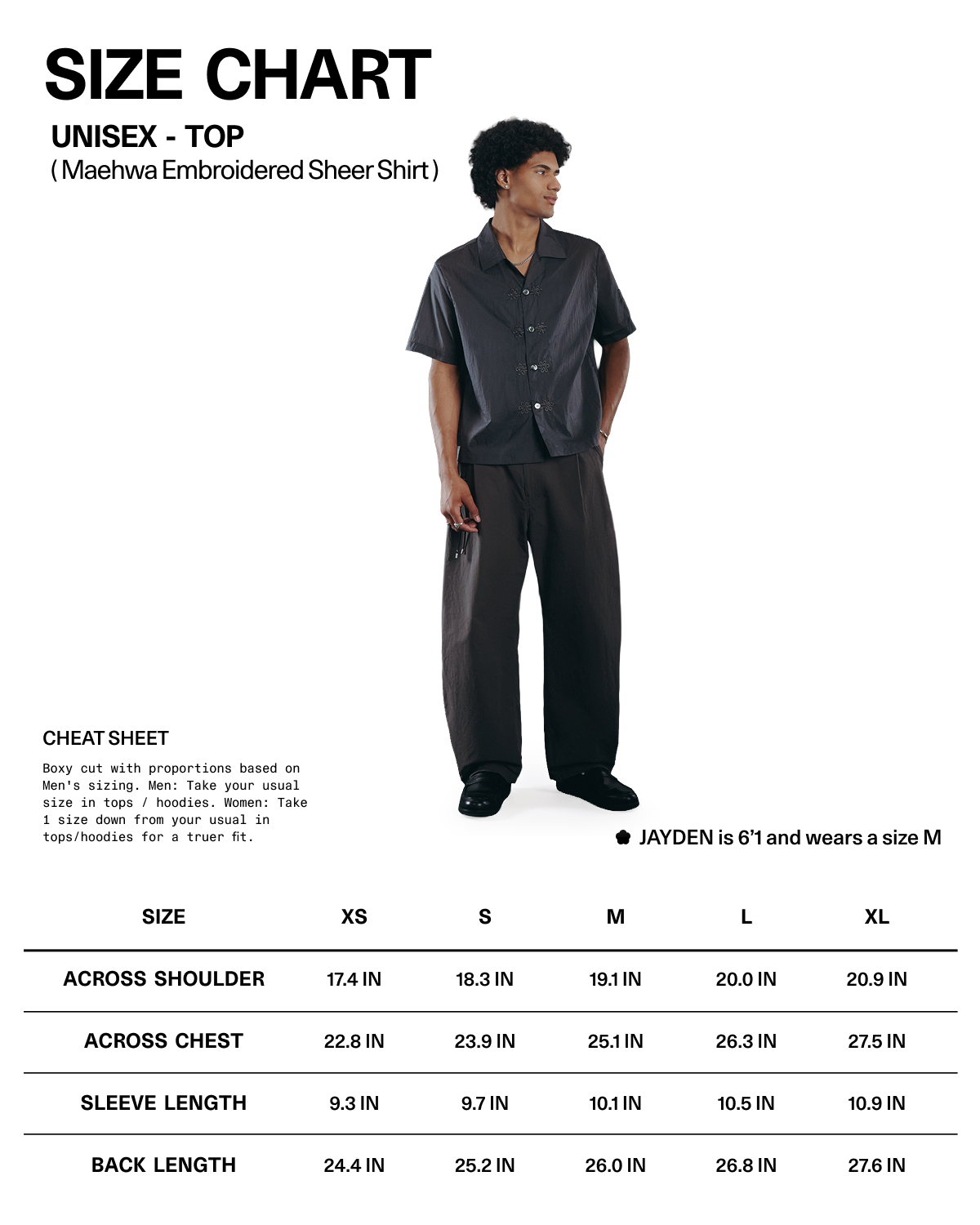 A tall person stands beside a size chart for Sundae School unisex tops (sizes S to XL), wearing the MAEHWA EMBROIDERED SHEER SHIRT—a short-sleeve, button-up unisex going-out shirt in black—paired with loose black pants. Jayden is 6’1” and wears a size M.