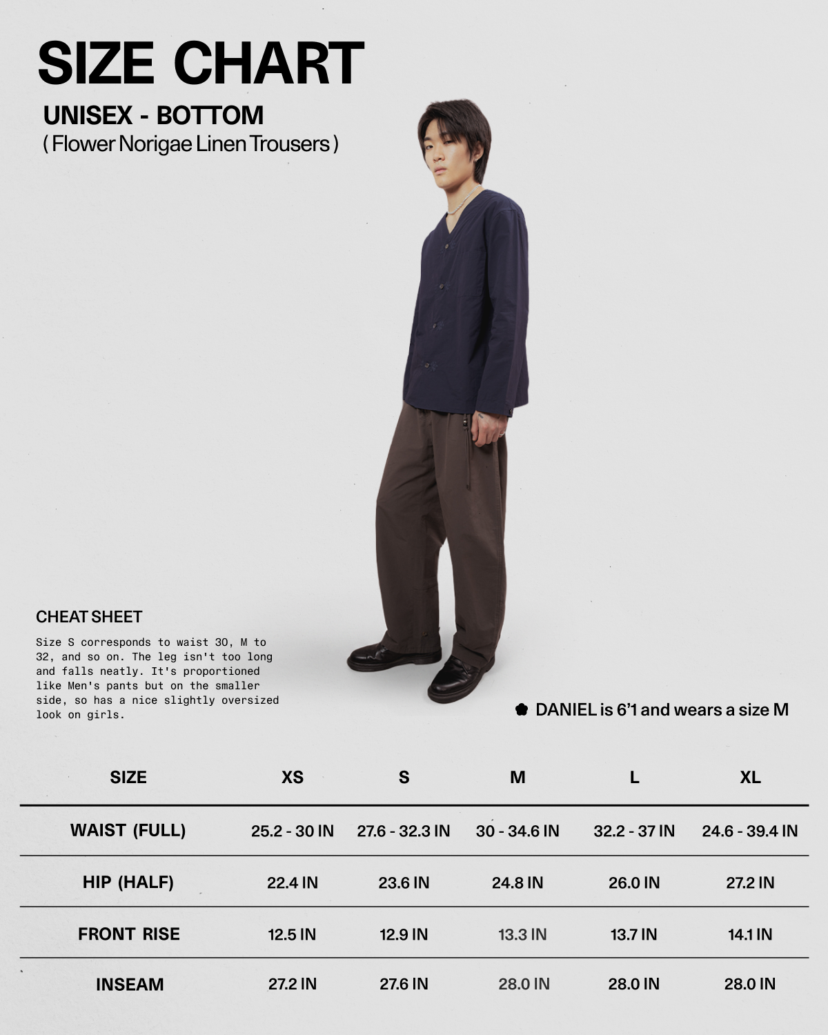A size chart and fit guide for Daniel's unisex bottom, showing a model wearing dark brown linen trousers against a light gray background, with sizing tables and measurements listed below.