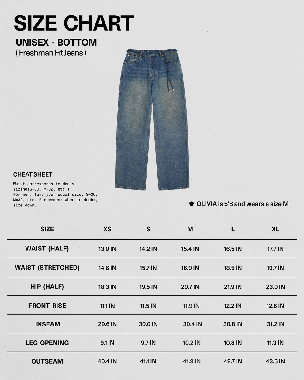A size chart for Sundae School’s BLUE DREAM FRESHMAN FIT DENIM unisex jeans (XS–XXL) displays various measurements beneath a photo of classic blue Korean denim. Text notes OLIVIA is 5′8″ and wears a size M.