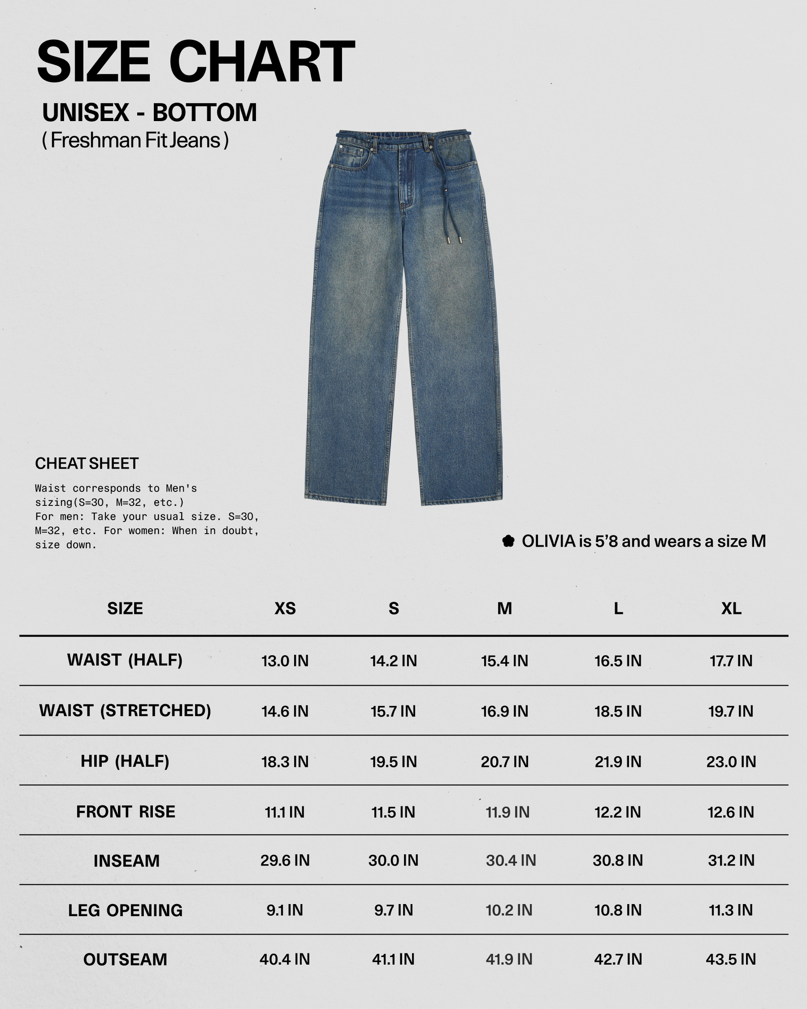 A size chart for Sundae School’s BLUE DREAM FRESHMAN FIT DENIM unisex jeans (XS–XXL) displays various measurements beneath a photo of classic blue Korean denim. Text notes OLIVIA is 5′8″ and wears a size M.