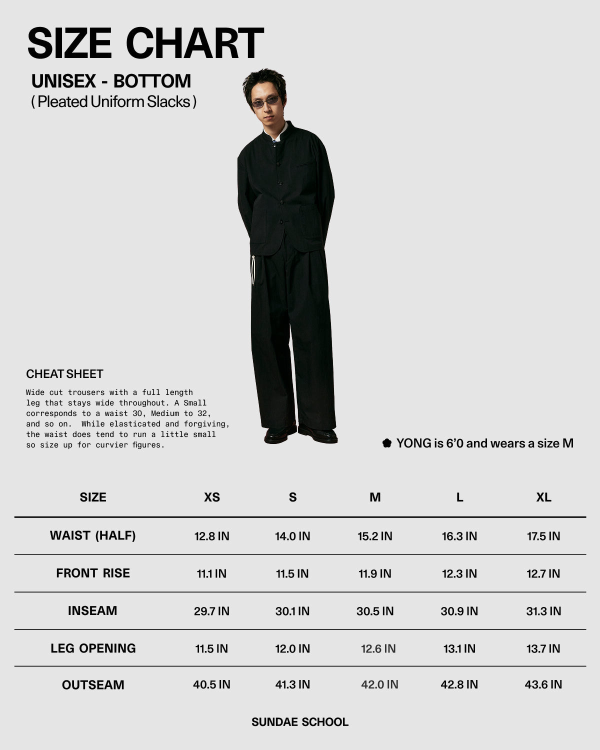 Sundae School’s NAVY PLEATED UNIFORM SLACKS size chart includes unisex waist, rise, leg opening, and outseam details for XS–XL. Inspired by Korean gyobok, these versatile slacks are available in navy.