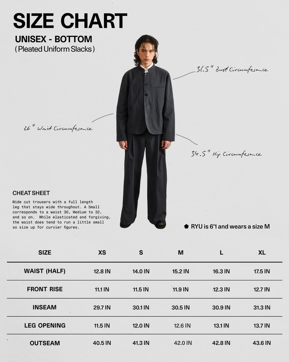 A person in Sundae School CHARCOAL PLEATED UNIFORM SLACKS and a black jacket stands before a size chart displaying unisex pleated slacks (XS–XL), with arrows showing bust, waist, and hip measurements.