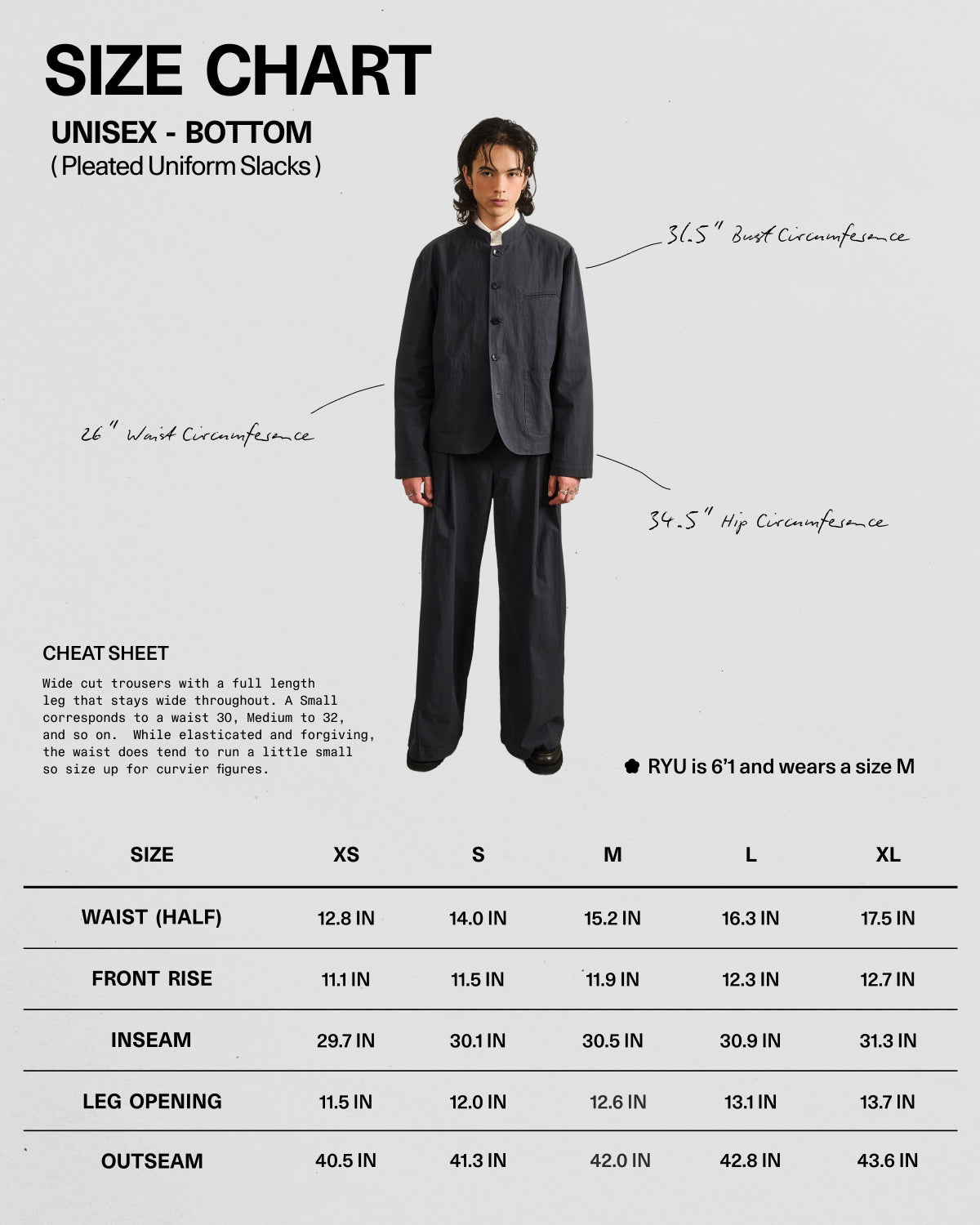 A person in Sundae School CHARCOAL PLEATED UNIFORM SLACKS and a black jacket stands before a size chart displaying unisex pleated slacks (XS–XL), with arrows showing bust, waist, and hip measurements.