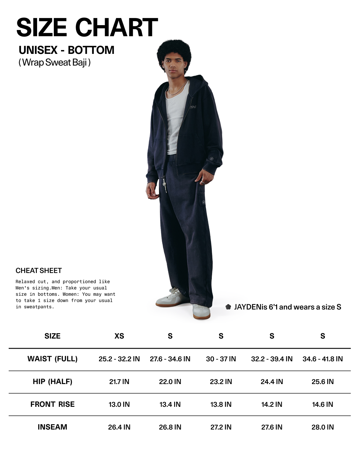 A person wearing the Sundae School NAVY WASH WRAP SWEAT BAJI stands next to a size chart for unisex joggers, displaying waist, hip, front rise, and inseam measurements in sizes XS to XL. The model is 6’1” and wears a size S.