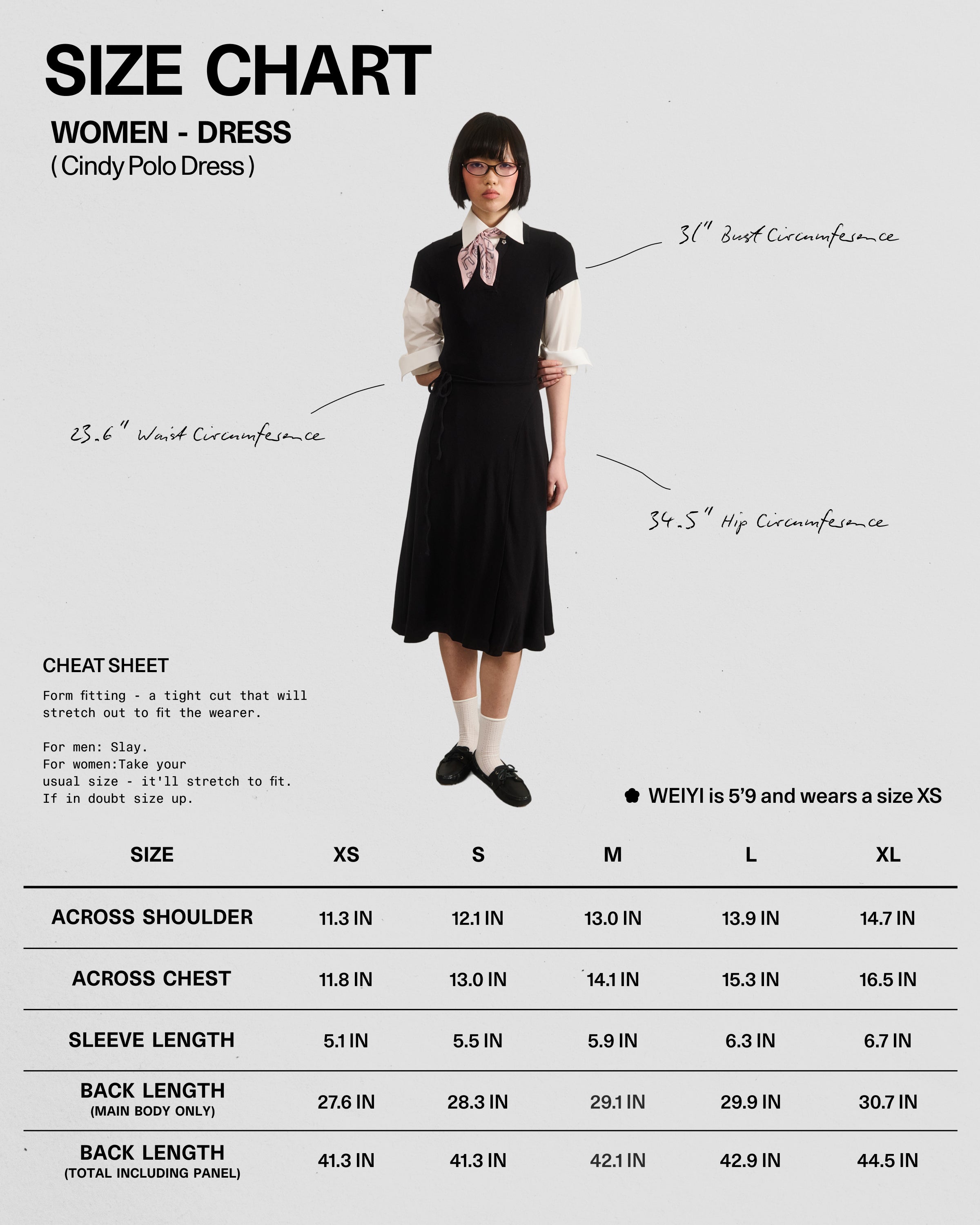 A woman wears the fitted CINDY POLO DRESS by Sundae School, in black with a white blouse and pink bow, surrounded by size measurements (bust, waist, hip) for the summer wool dress and a detailed size chart below.