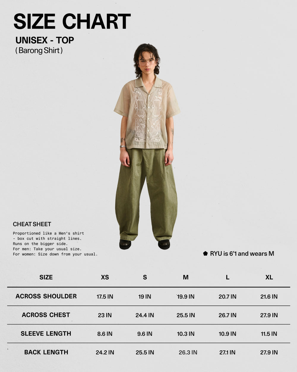 A person wears the Sundae School BARONG SHIRT, a sheer beige top inspired by the classic Filipino silhouette, paired with olive pants. They stand above a size chart for this unisex shirt, which lists measurements from XS to XL. Text indicates the model is 6′1″ and wears a size M.