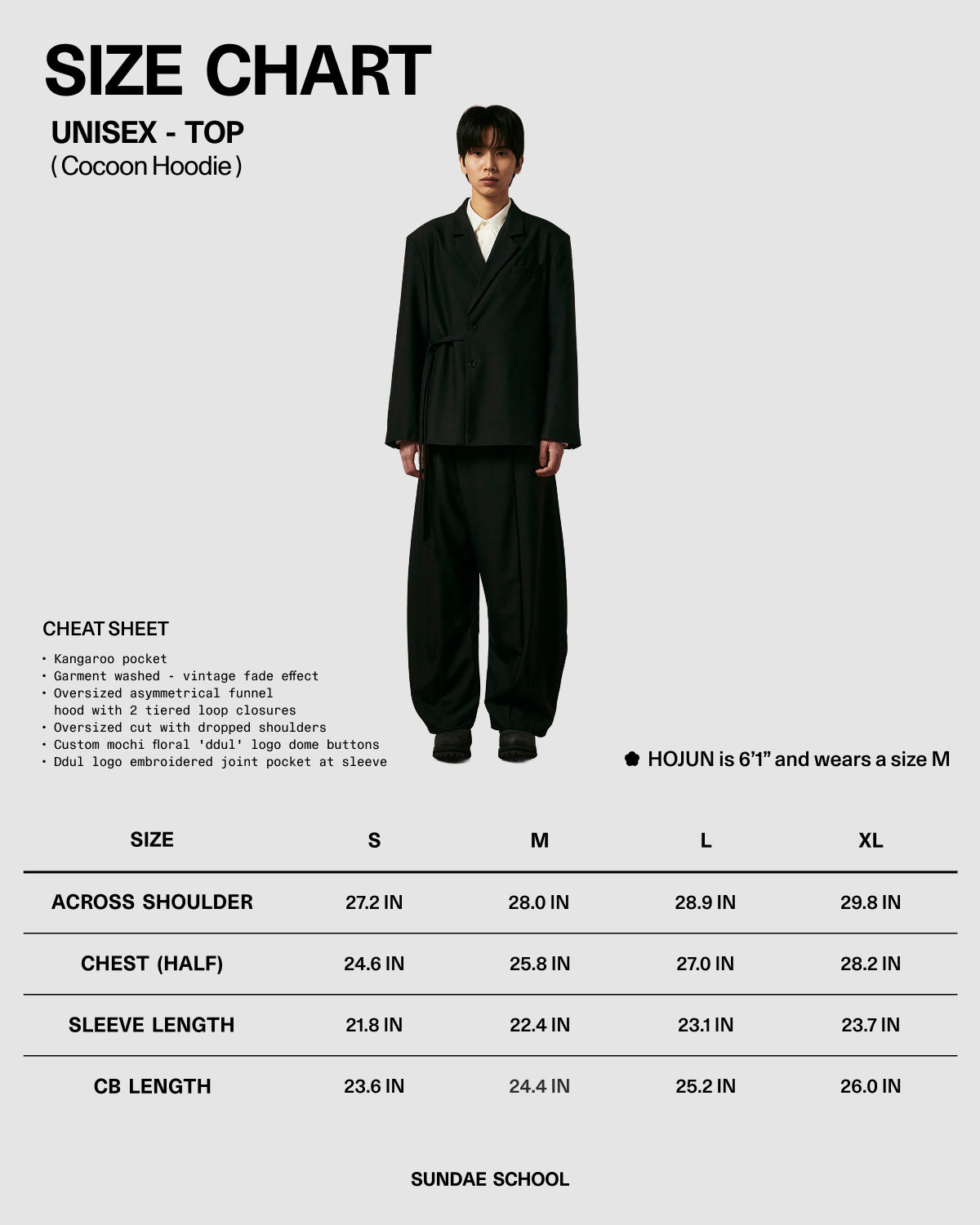 A size chart for the Sundae School SKY BLUE COCOON HOODIE shows a model in a loose, oversized hoodie. It lists shoulder, half chest, sleeve, and center back lengths for S, M, L, and XL sizes.