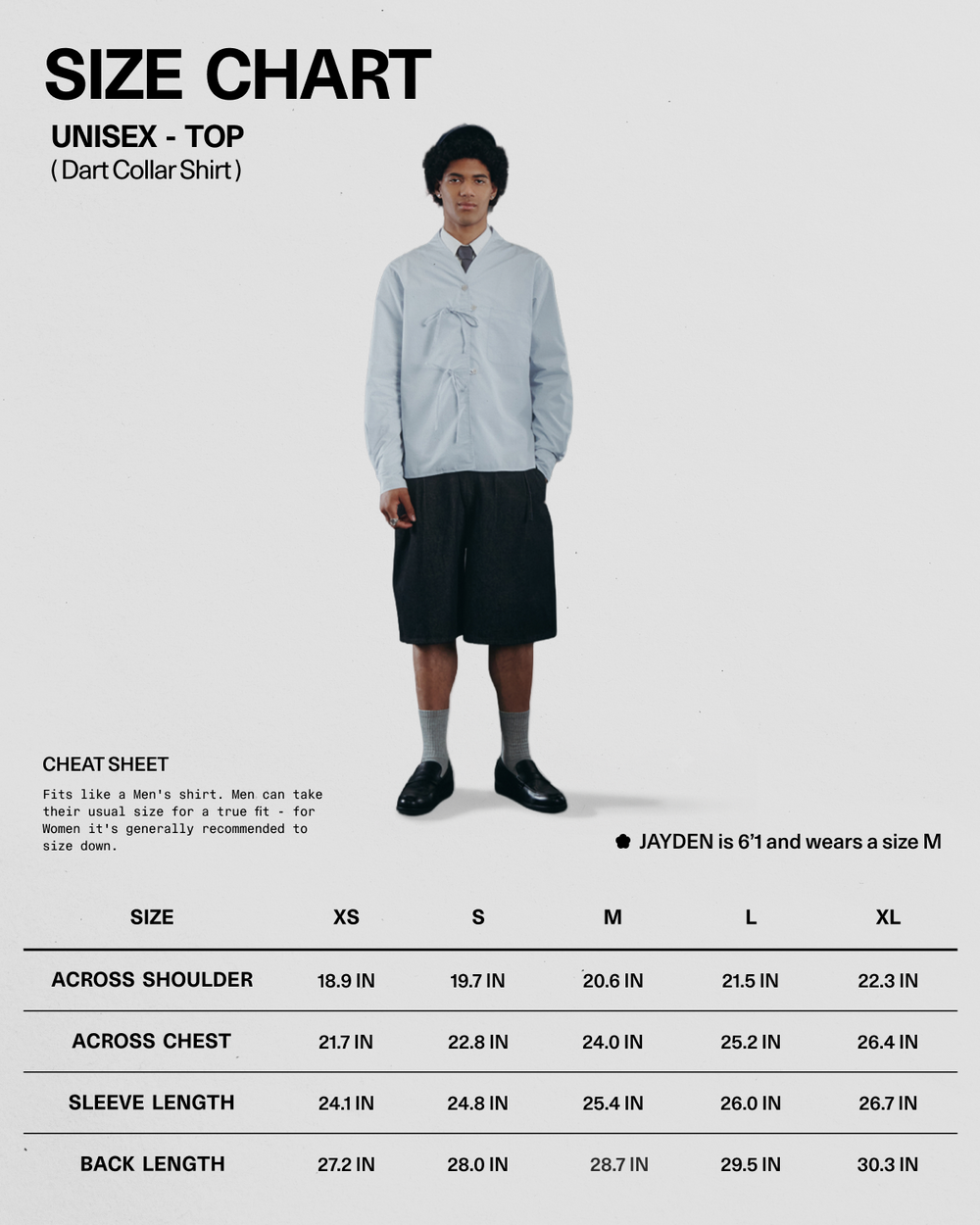 A person wearing the Sundae School DART COLLAR SHIRT in light blue and black shorts stands above a unisex tops size chart, displaying measurements for sizes XS to XL along with fitting advice.