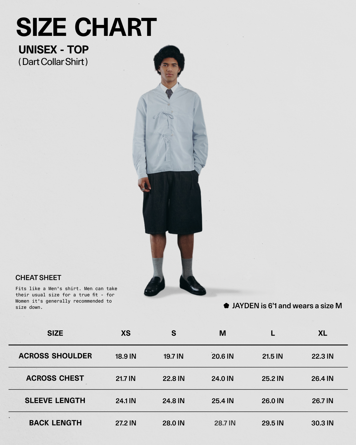 A person wearing the Sundae School DART COLLAR SHIRT in light blue and black shorts stands above a unisex tops size chart, displaying measurements for sizes XS to XL along with fitting advice.