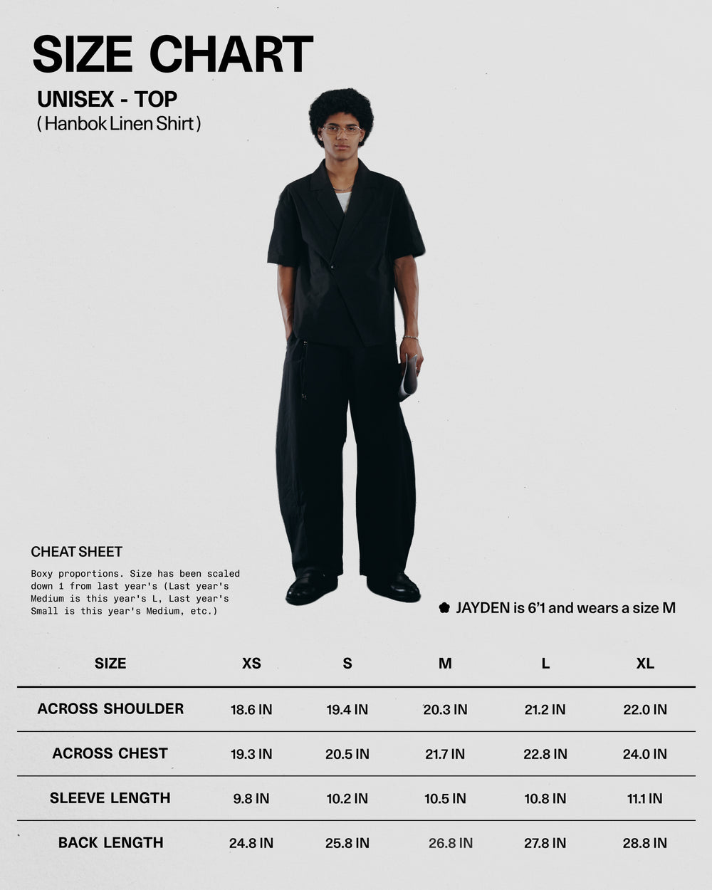 Size chart for a unisex Hanbok linen shirt with a person model wearing the shirt.