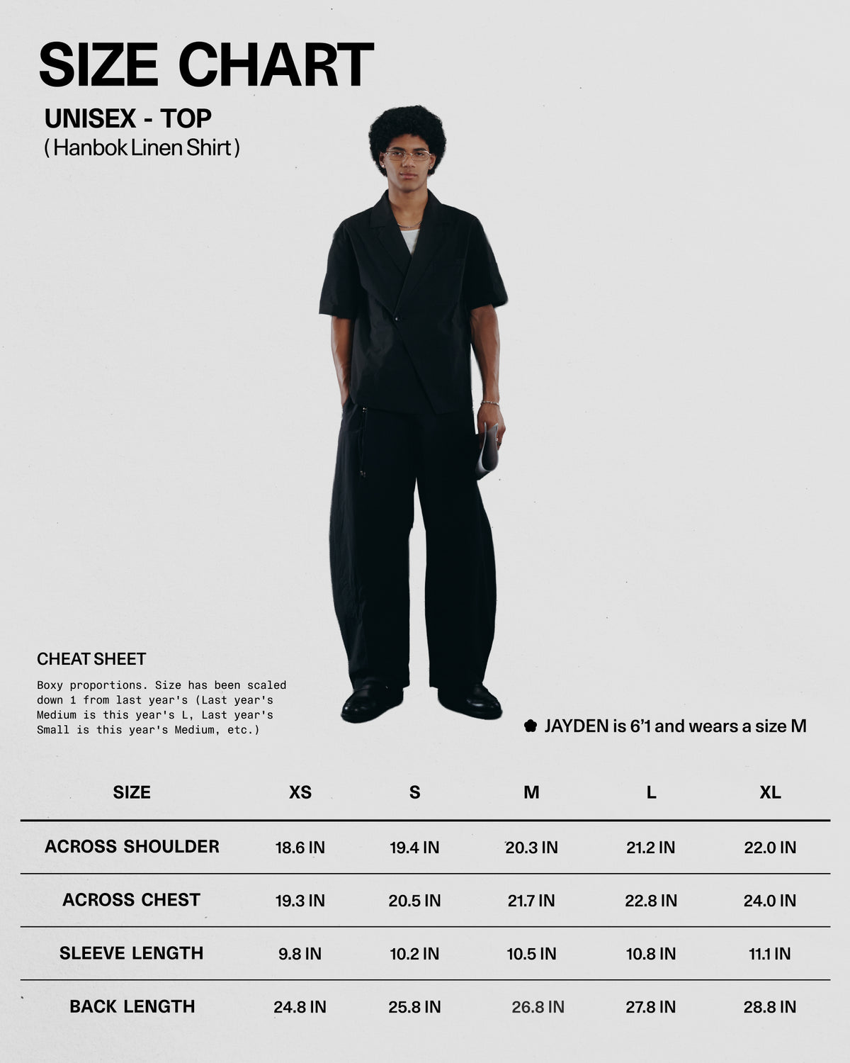 Size chart for a unisex Hanbok linen shirt with a person model wearing the shirt.