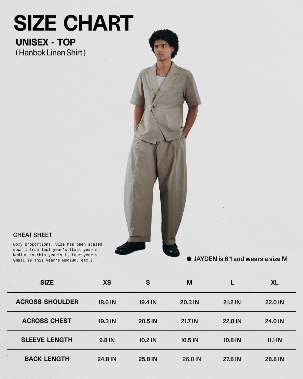 Size chart for a unisex Hanbok linen shirt with a model wearing the outfit.