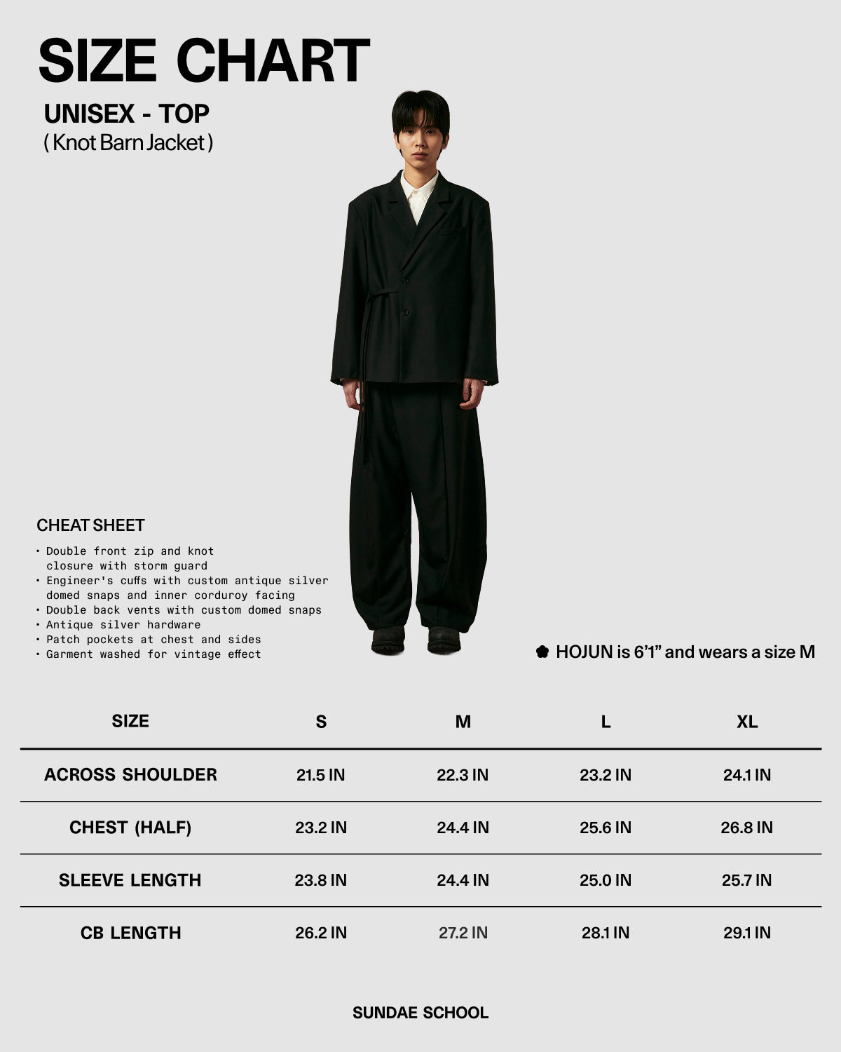 A model wears the TAN KNOT BARN JACKET by Sundae School, inspired by Joseon military heritage workwear, paired with wide pants. Below is a size chart (S–XL), garment features, and model information.