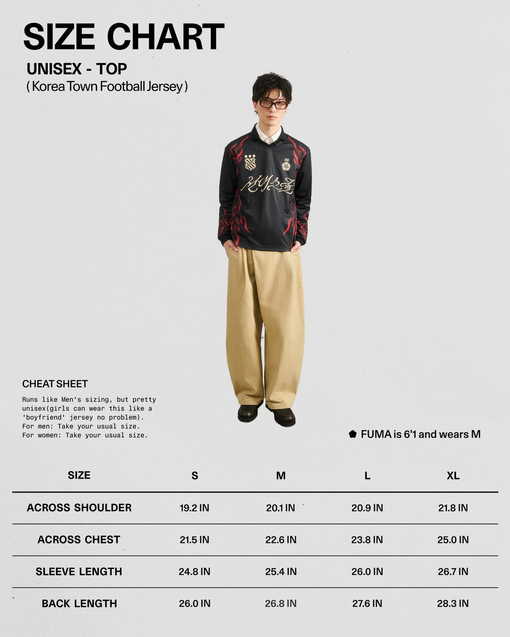 A person is seen wearing the Sundae School KOREATOWN FOOTBALL JERSEY in black, paired with beige pants, effortlessly infusing K-Town fashion into their outfit. Below is the size chart for the KOREATOWN FOOTBALL JERSEY, detailing measurements for sizes S to XL in shoulder width, chest circumference, sleeve length, and body length.