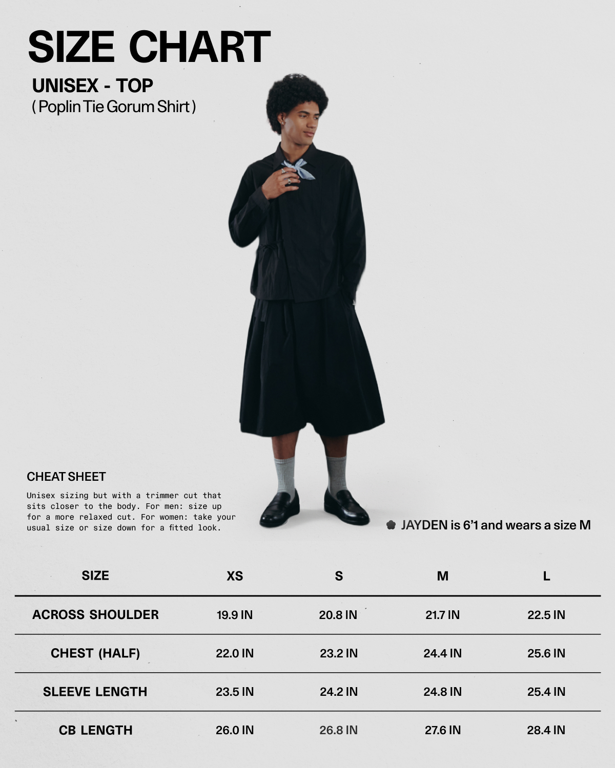 A 61-year-old male model is wearing a size M BLACK POPLIN TIE GORUM SHIRT by Sundae School in black, styled with a skirt. Below him is a size chart for unisex poplin shirts from XS to XL, showing measurements for across shoulder, chest, sleeve, and CB length.