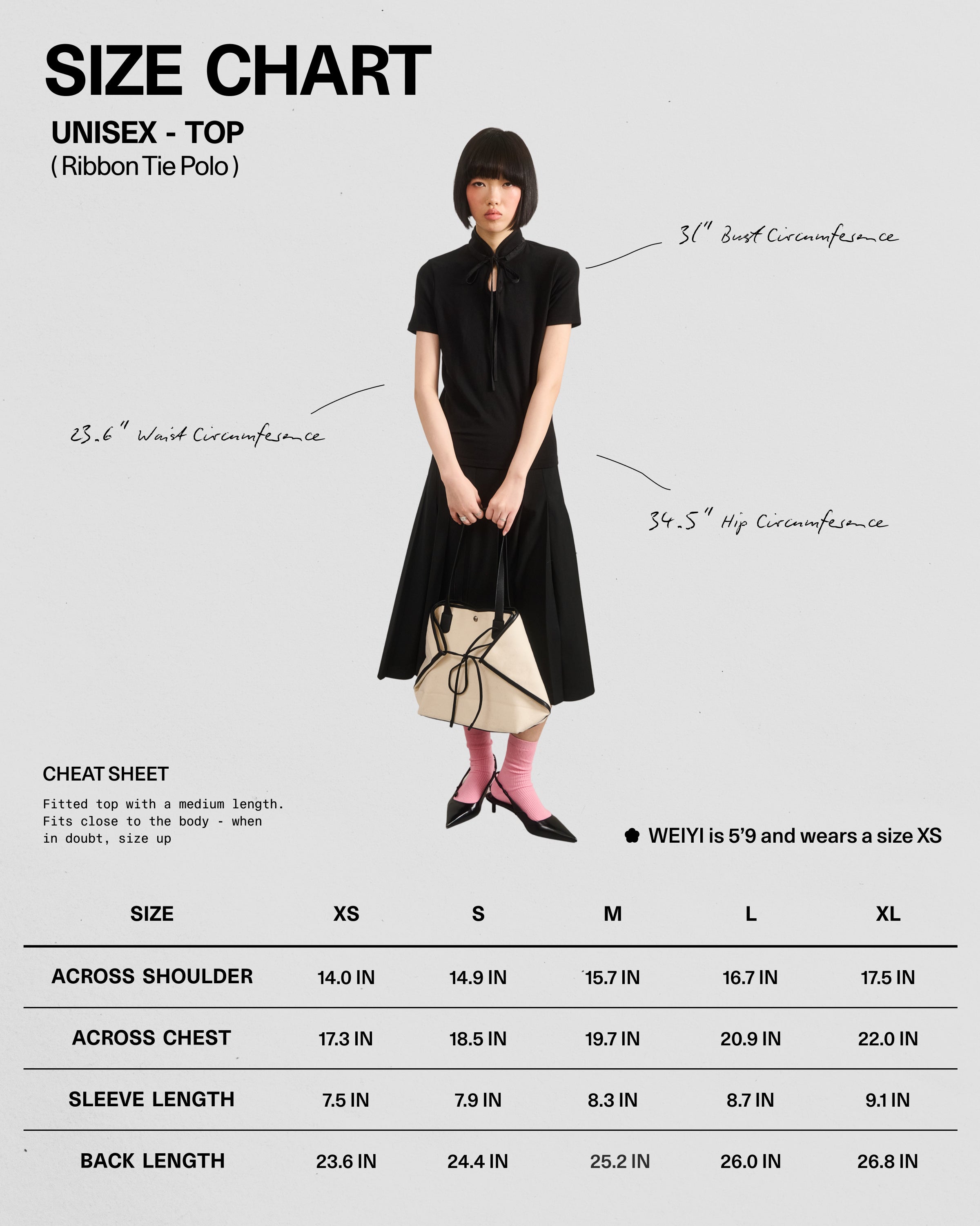 A model wears Sundae School’s BLACK RIBBON TIE POLO with a Manchurian teardrop collar and black skirt, holding a beige bag. Screen shows her body measurements, XS–XL size chart, and fitting cheat sheet for easy reference.