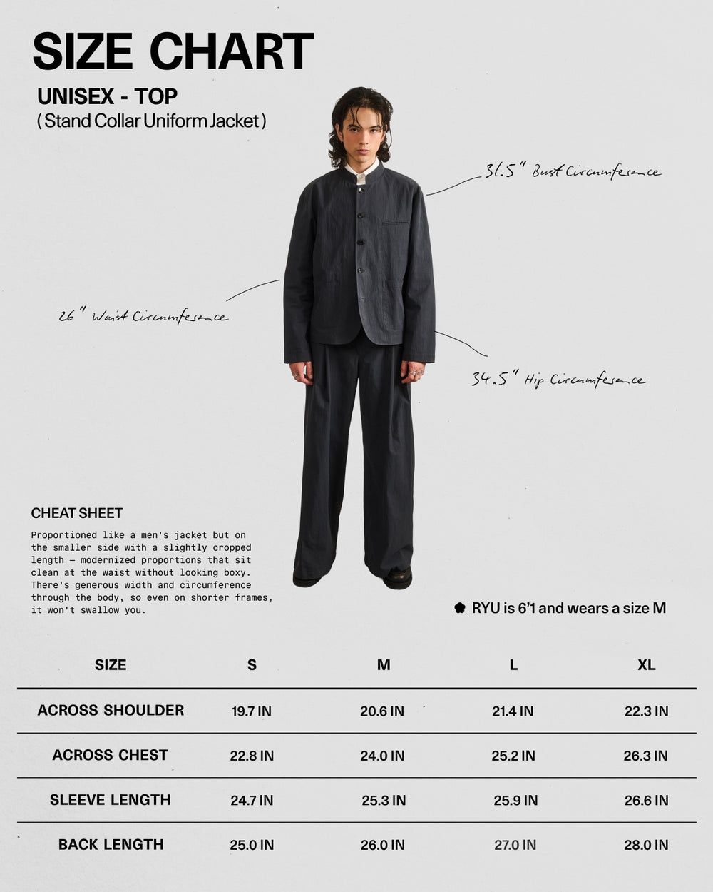 A person in a Sundae School CHARCOAL STAND COLLAR UNIFORM JACKET stands before a unisex top sizing chart showing bust, waist, and hip lines, with a measurement table displayed below.