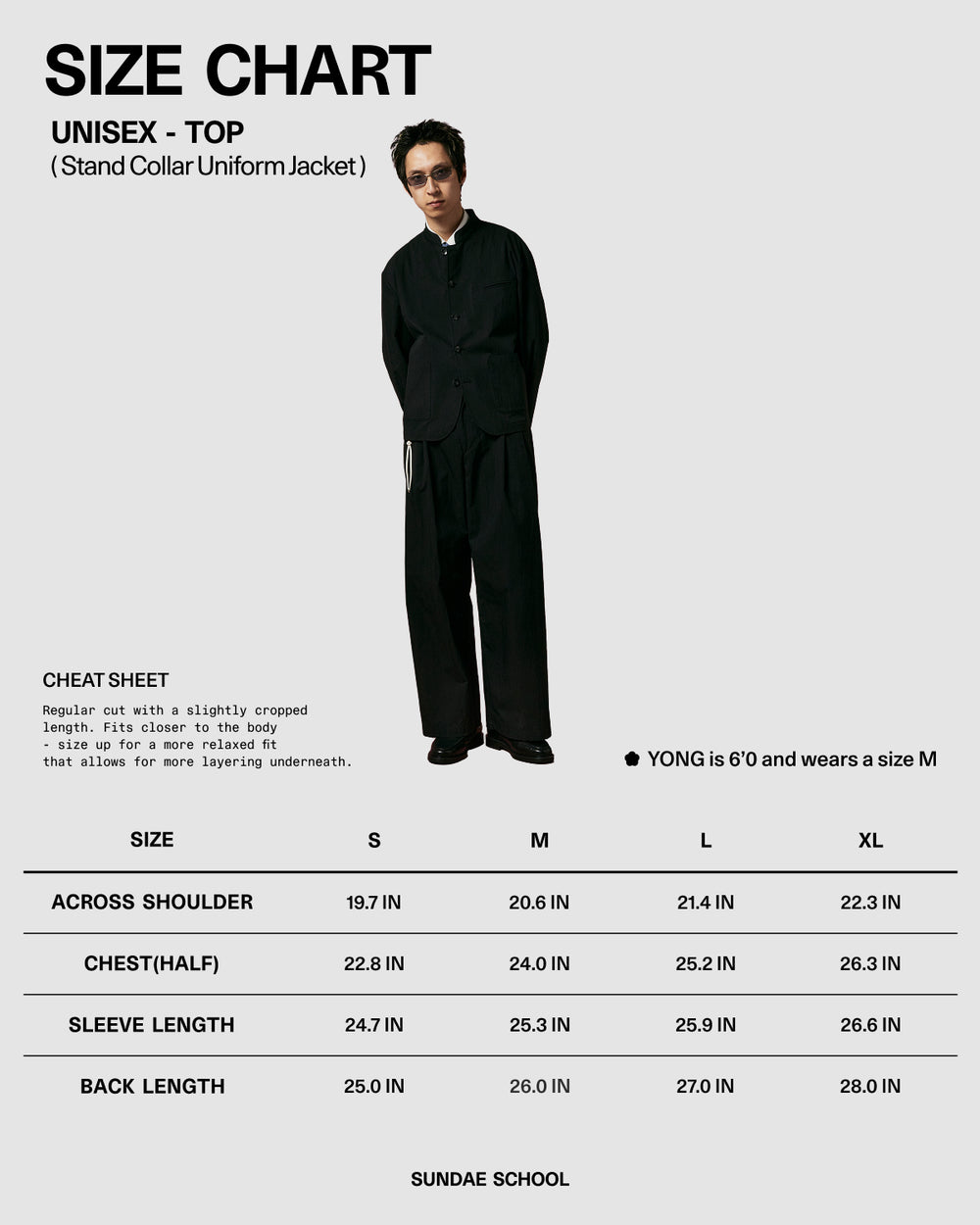 A person wears the Sundae School BLACK STAND COLLAR UNIFORM JACKET with wide-leg pants, posing against a plain background. Below is a size chart for this unisex top in S, M, L, and XL. The 6'0" model wears size M.