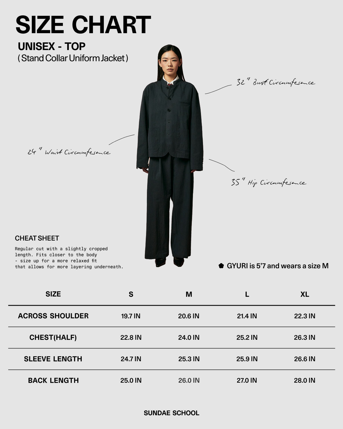 A person faces forward wearing the Sundae School BLACK STAND COLLAR UNIFORM JACKET and matching pants. Size chart lists bust, waist, hip, and garment measurements for S–XL. Model is 5'7" and wears size M.