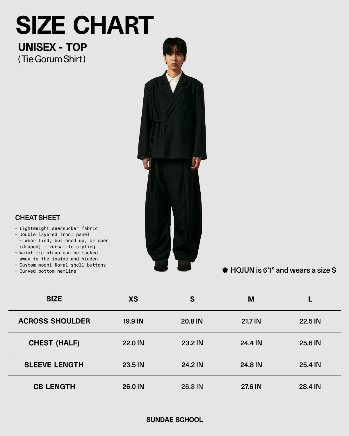 The Sundae School IVORY TIE GORUM SHIRT size chart shows a model in a black loose-fit suit, 6'1