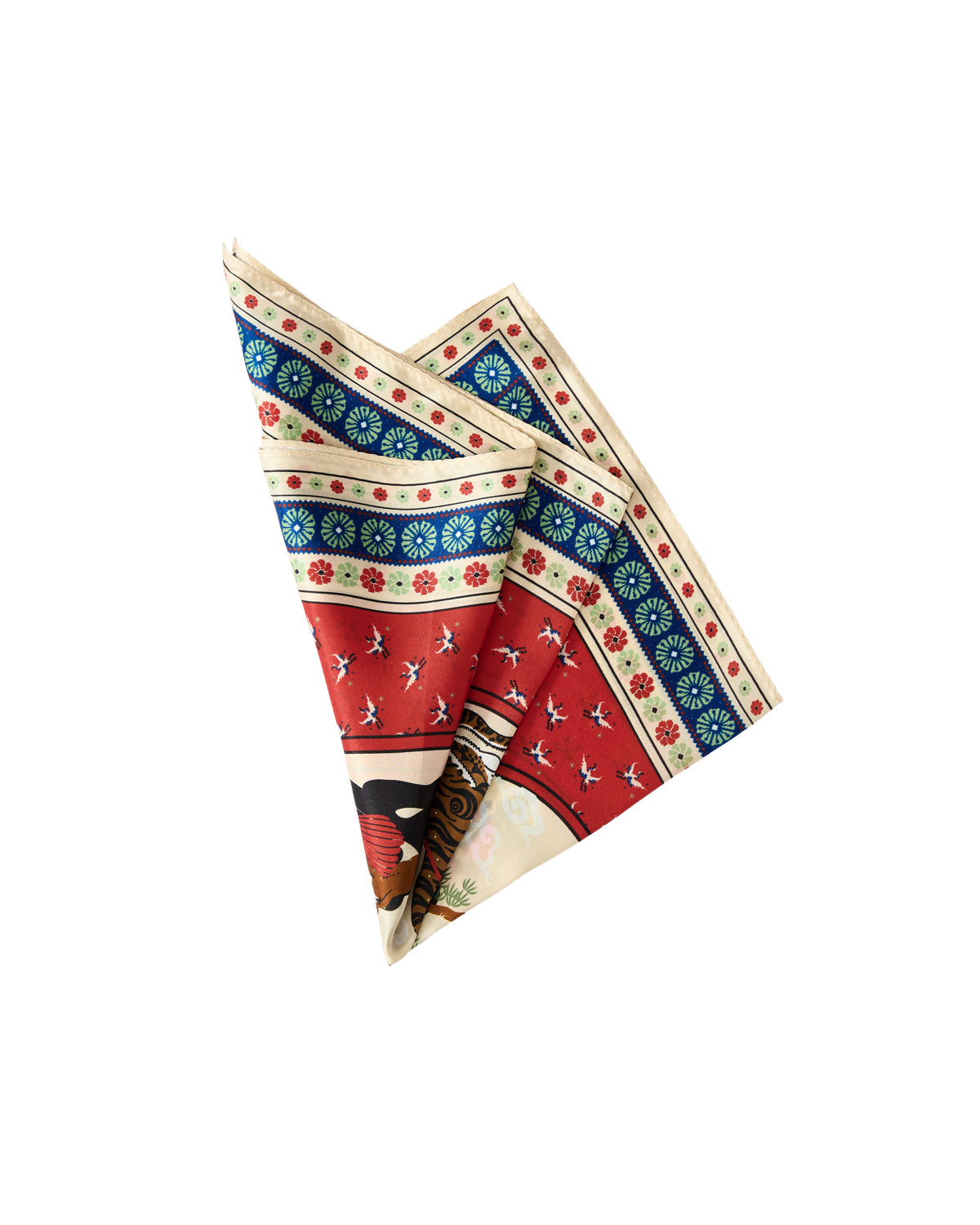 The MINHWA BANDANA by Sundae School is a silk scarf featuring red, blue, beige, and green patterns—including stripes, delicate florals, and geometric motifs—set against a white background. Inspired by Korean folk art, this narrative-driven accessory is a luxurious gift choice.