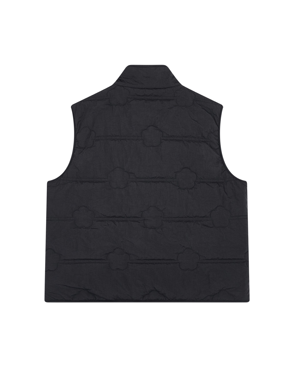 The BLACK MOMO REVERSIBLE FLEECE VEST by Sundae School is shown from the back, highlighting its black, sleeveless design with a subtle geometric pattern of stitched circular and line shapes across the fabric.