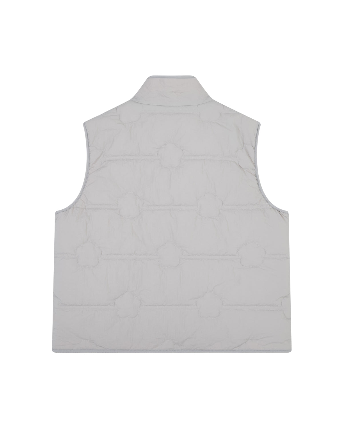 The image displays the BABY PINK MOMO REVERSIBLE FLEECE VEST by Sundae School from the back, showcasing its light gray, sleeveless design. The vest features a subtle stitched circular pattern, a straight hem, and a stand-up collar, with no visible fasteners or pockets.