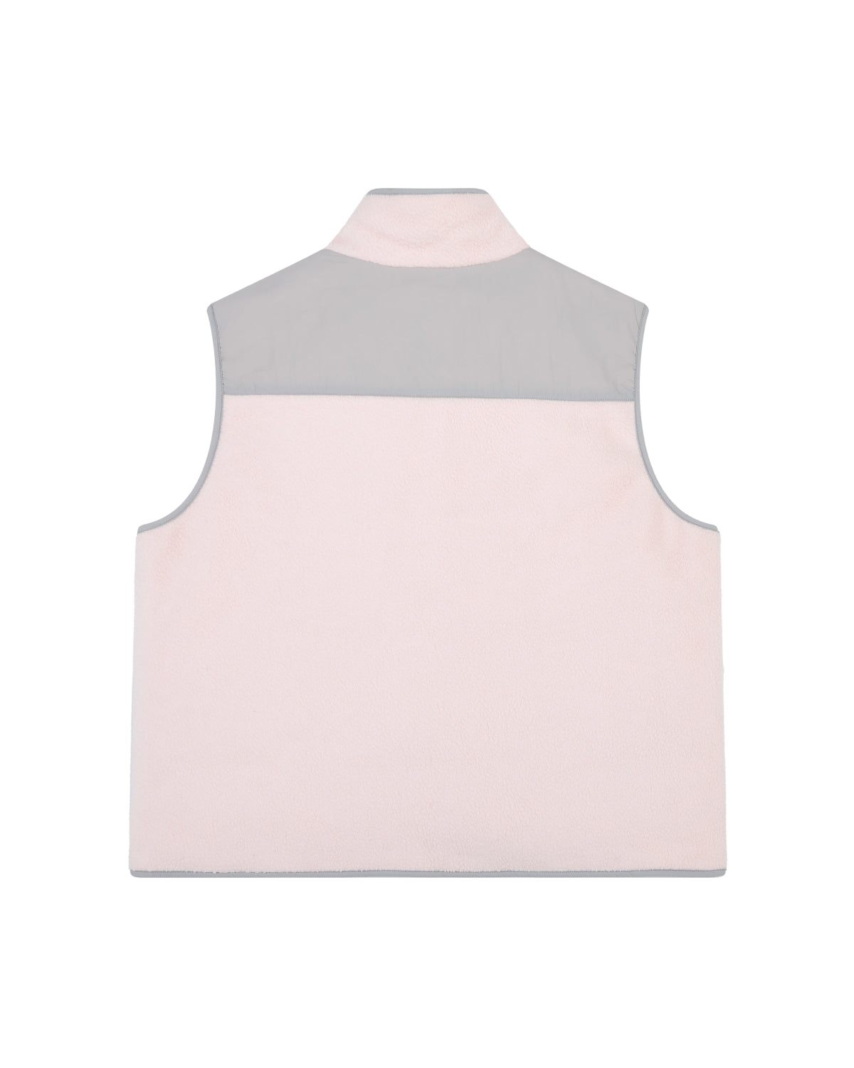 The BABY PINK MOMO REVERSIBLE FLEECE VEST by Sundae School is displayed from the back, featuring a sleeveless design with a light pink body and a light gray shoulder panel, set against a white background.