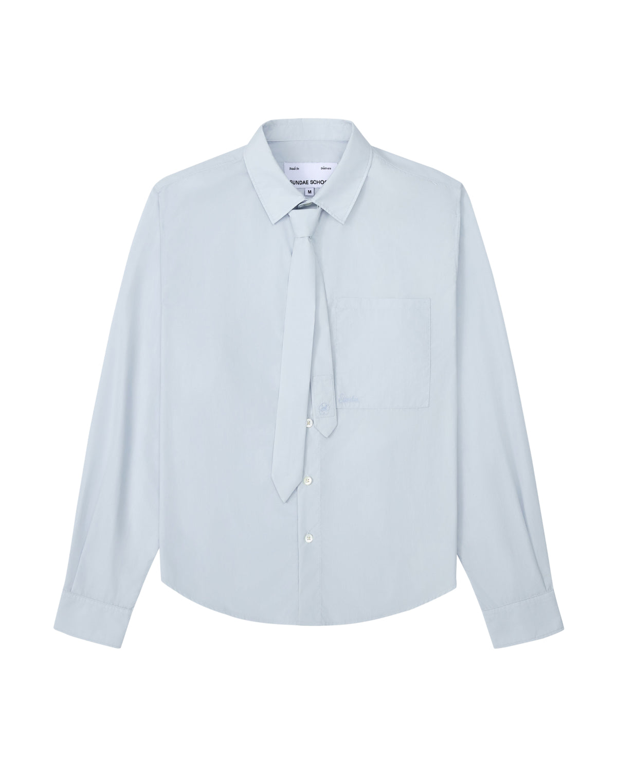 A light blue long-sleeve button-up shirt with a matching tie-neck detail, displayed on a clean white background.