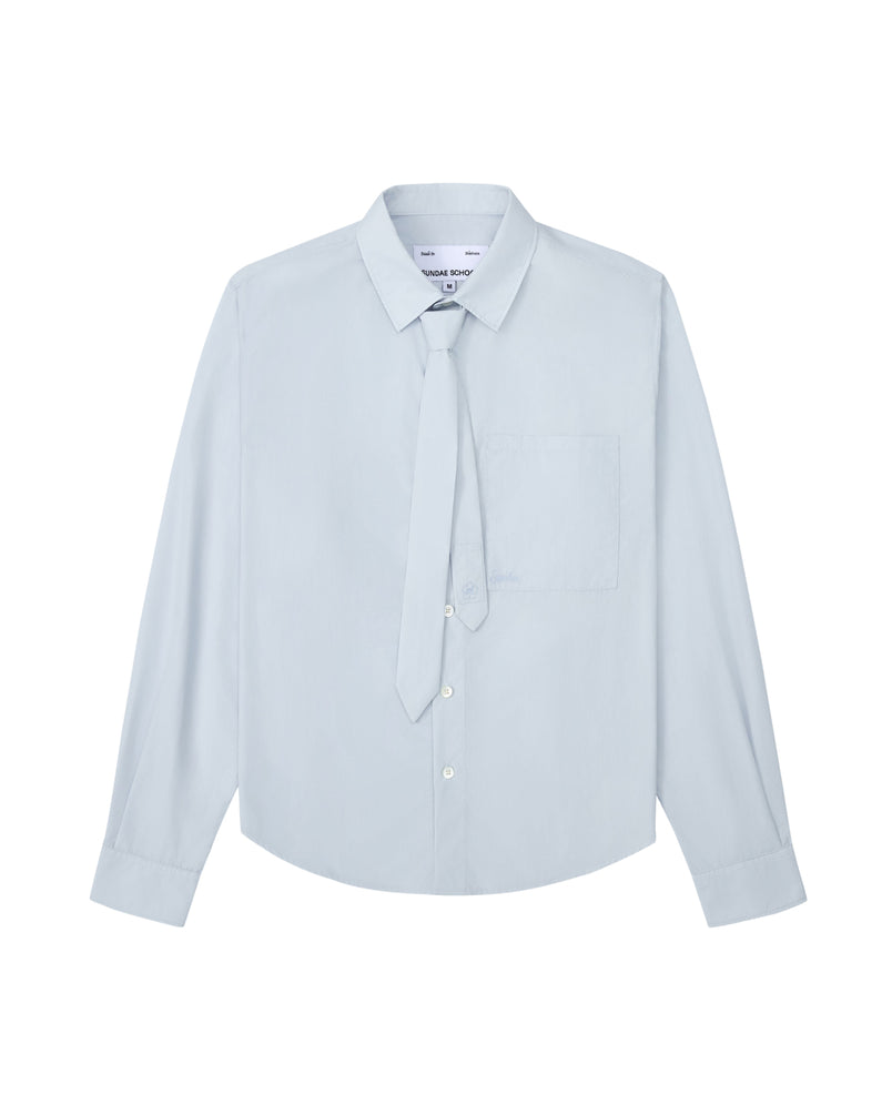 A light blue long-sleeve button-up shirt with a matching tie-neck detail, displayed on a clean white background.