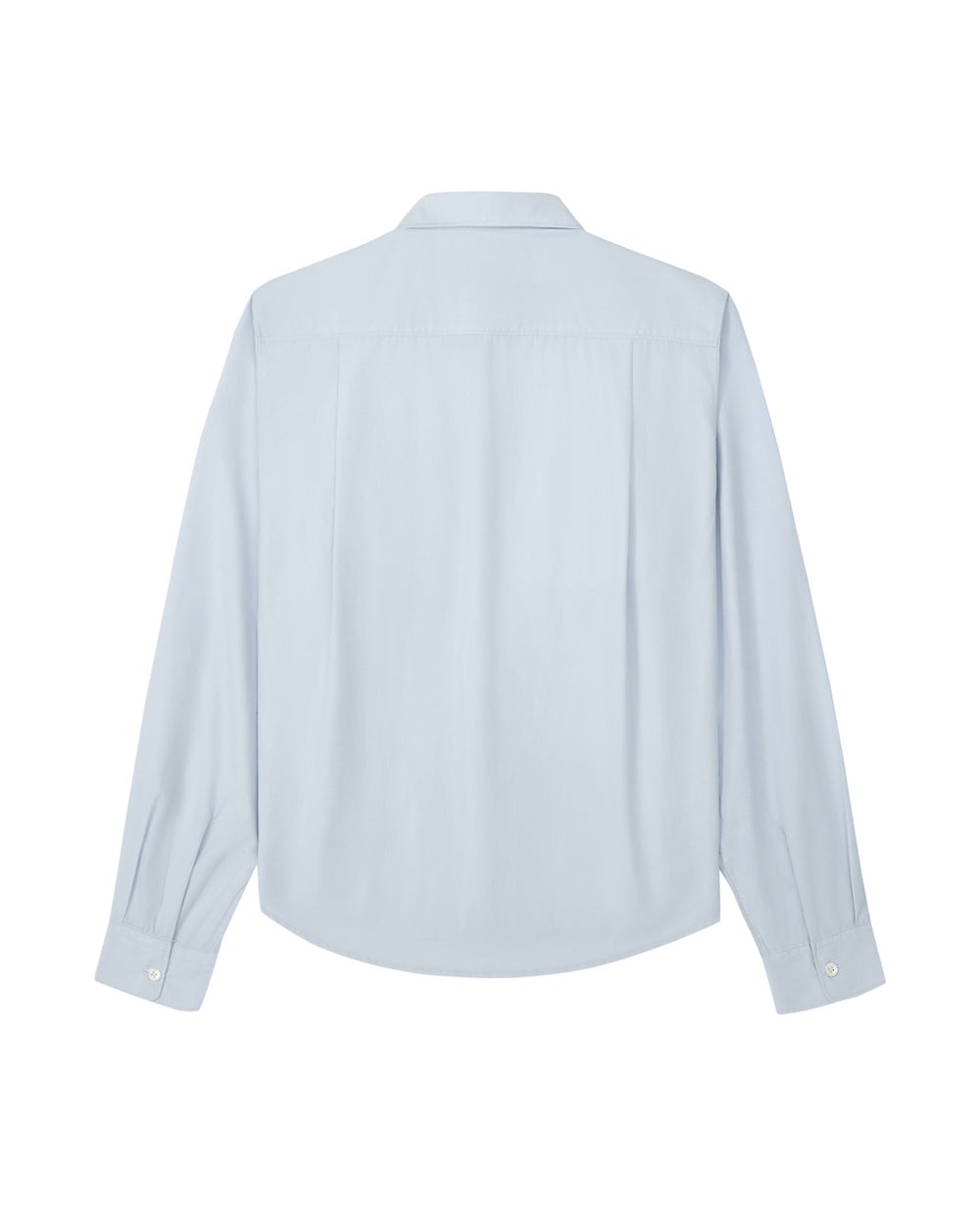 A light blue long-sleeve button-up shirt shown from the back, featuring a classic collar, a vertical center pleat, and buttoned cuffs, displayed on a clean white background.