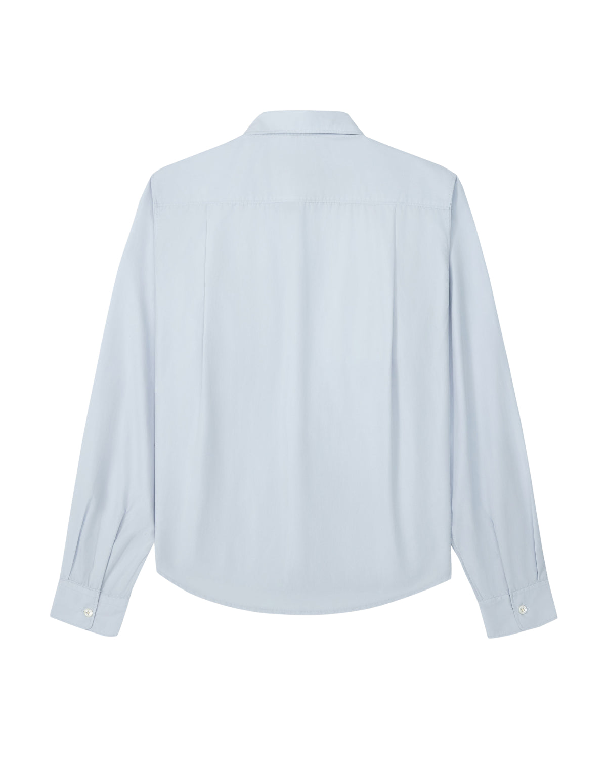 A light blue long-sleeve button-up shirt shown from the back, featuring a classic collar, a vertical center pleat, and buttoned cuffs, displayed on a clean white background.