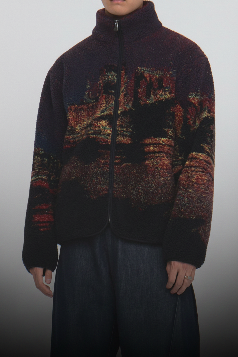 A person stands facing forward, wearing the New Toker Fleece jacket by Sundae School—crafted from dark patterned recycled polyester—with wide-legged dark pants and white shoes against a plain white background.