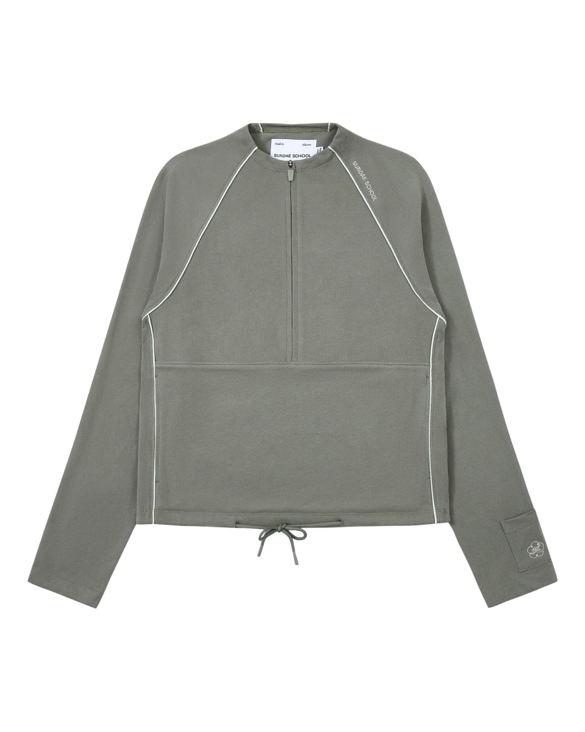 Introducing the KHAKI OFFICE QUARTER ZIP by Sundae School: a soft cotton jersey pullover in gray, featuring long sleeves, a quarter-zip front, white piping accents, drawstring hem, subtle embroidery on the left sleeve, and a discreet stash pocket for added convenience.