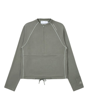 Introducing the KHAKI OFFICE QUARTER ZIP by Sundae School: a soft cotton jersey pullover in gray, featuring long sleeves, a quarter-zip front, white piping accents, drawstring hem, subtle embroidery on the left sleeve, and a discreet stash pocket for added convenience.