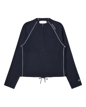 Introducing the NAVY OFFICE QUARTER ZIP by Sundae School—a navy blue long-sleeve pullover made from soft cotton jersey, highlighted by white piping accents, a convenient quarter-zip collar, adjustable drawstring hem, and a handy stash pocket. Subtle Sundae School logo details adorn the chest and sleeve for an understated yet refined finish.