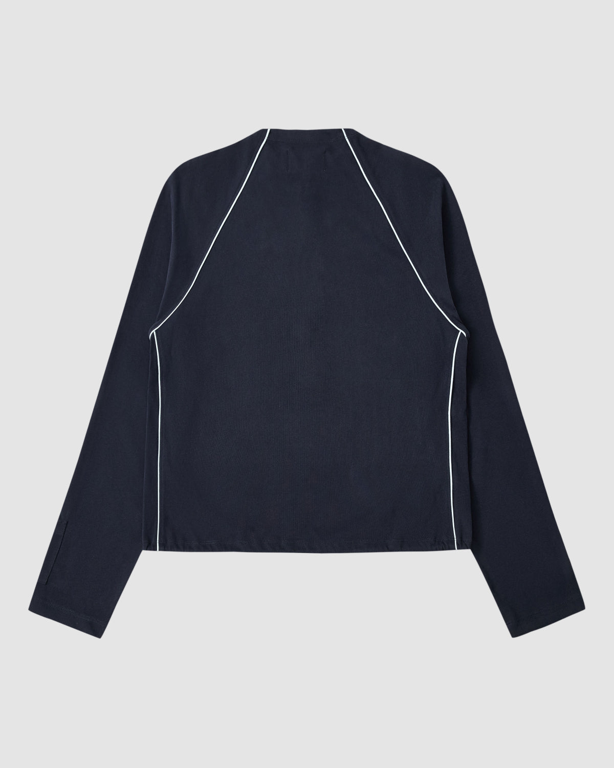 The Sundae School NAVY OFFICE QUARTER ZIP is a long-sleeve, dark navy cotton jersey top with white piping along the seams, shown flat on a plain light background and viewed from the back.